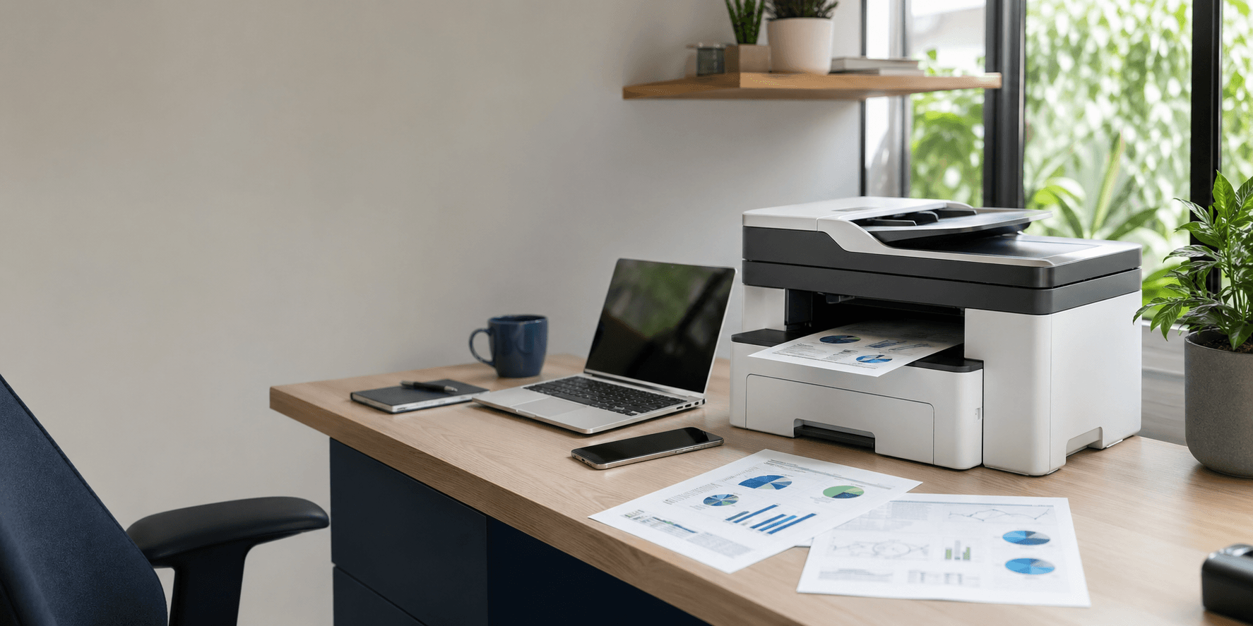 Impressora em mesa de home office com notebook e documentos